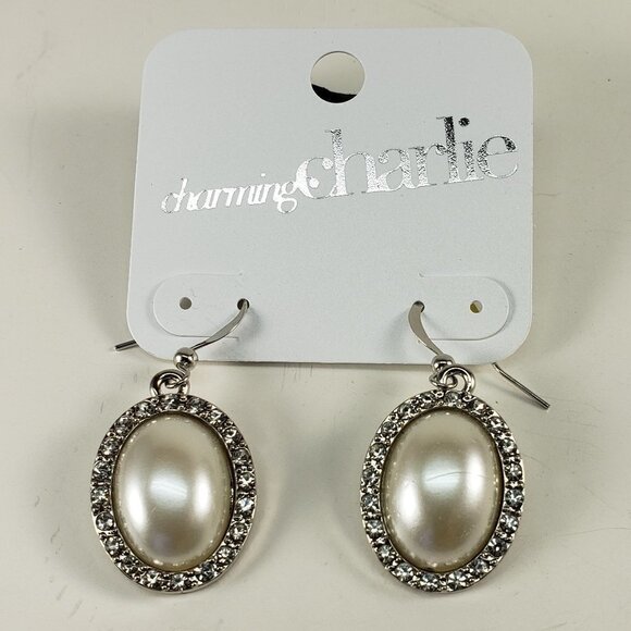 Charming Silver-Tone Teardrop Pearl Earrings – Rhinestone Halo Elegance Jewelry - Picture 5 of 7